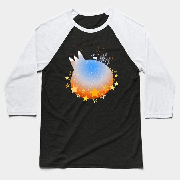 "Home Planet" in orange, blue, and white with a ring of yellow stars - a whimsical world Baseball T-Shirt by AtlasMirabilis